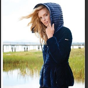 Karl Lagerfeld blue velvet down puffer coat.